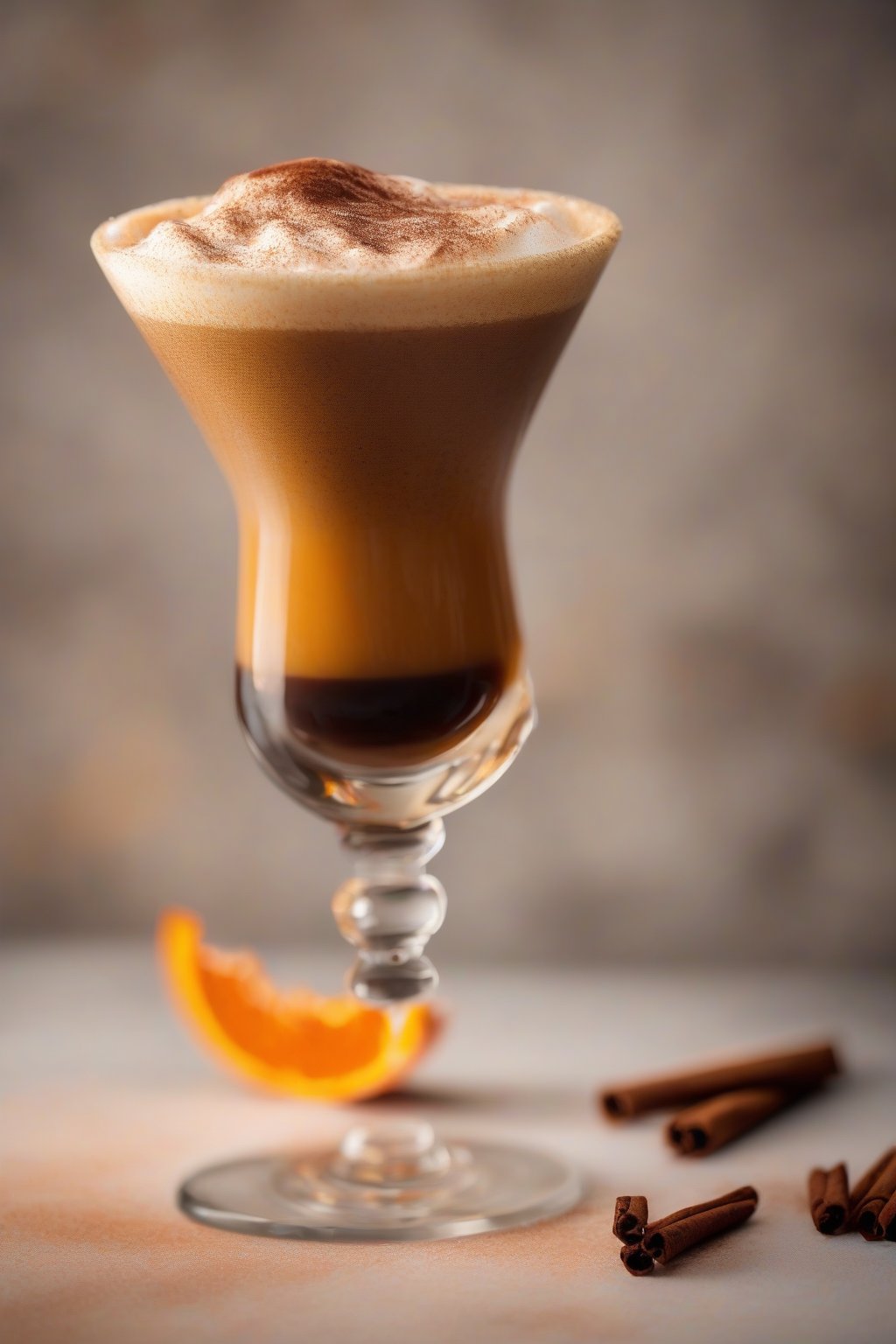 A high-resolution close-up photo of a pumpkin spice espresso martini, frothy with cinnamon dusting and orange hues, under soft lighting.
