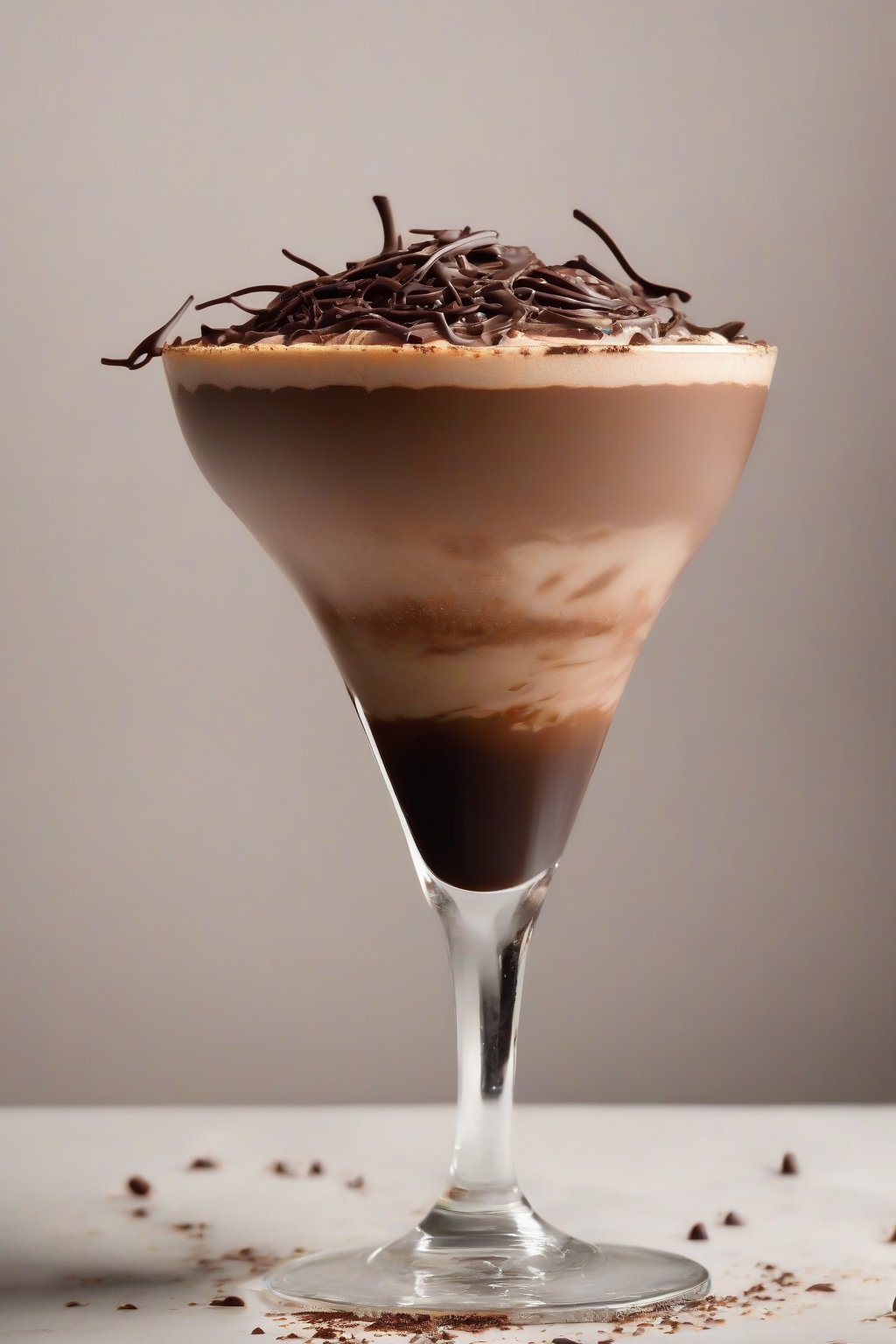 A high-resolution close-up photo of a chocolate espresso martini, thick crema with chocolate shavings garnish, under soft lighting.