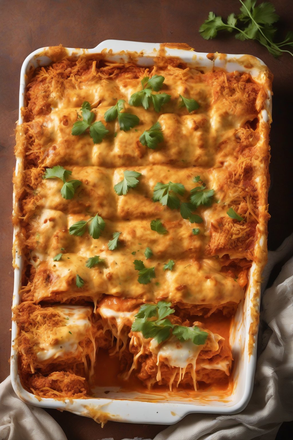A high-resolution photo of Indian Butter Chicken Lasagna with golden cheese crust and vibrant sauce peeking through layers under soft lighting.
