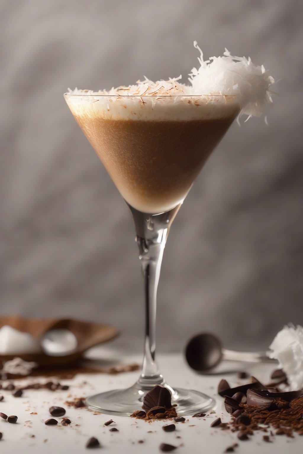 A high-resolution close-up photo of a coconut espresso martini, white crema flecked with coconut flakes, under soft lighting.