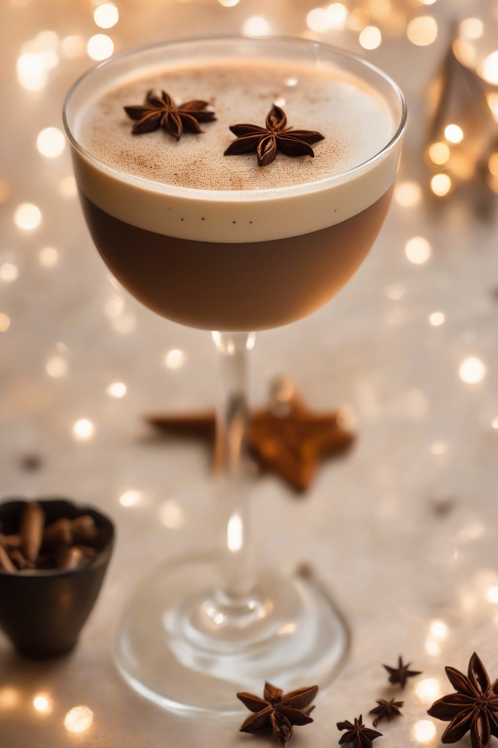 A high-resolution close-up photo of a spiced chai espresso martini, aromatic foam with star anise float, under soft lighting.