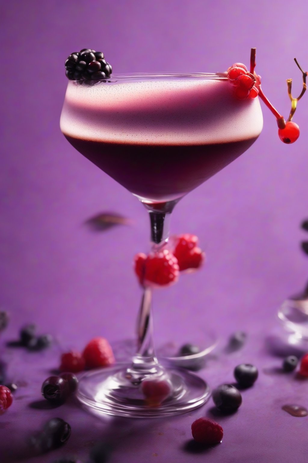 A high-resolution close-up photo of a berry blast espresso martini, vibrant red berries at the bottom with purple foam, under soft lighting.