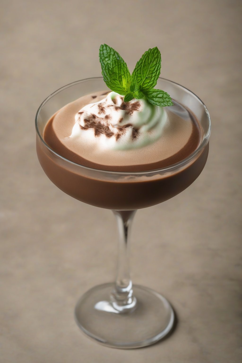 A high-resolution close-up photo of a mint mocha espresso martini, green-tinted crema with mint leaf garnish, under soft lighting.