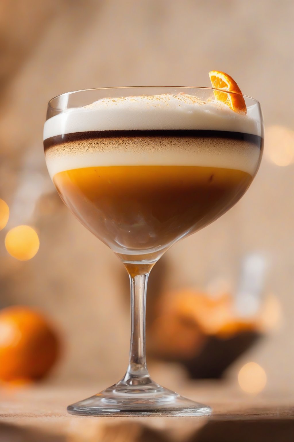 A high-resolution close-up photo of an orange zest espresso martini, frothy top with twisted orange peel, under soft lighting.