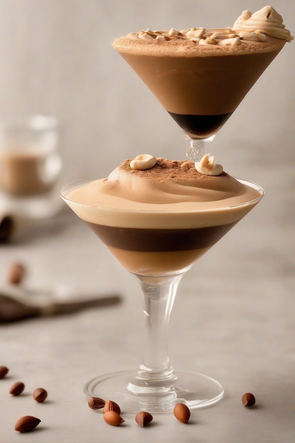 A high-resolution close-up photo of a peanut butter espresso martini, creamy tan foam with peanut garnish, under soft lighting.