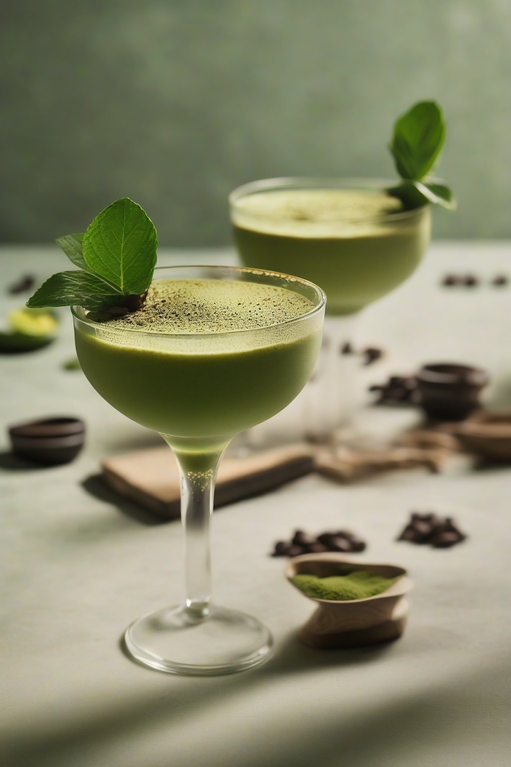 A high-resolution close-up photo of a matcha espresso Martini fusion, green-dusted crema with earthy tones, under soft lighting.