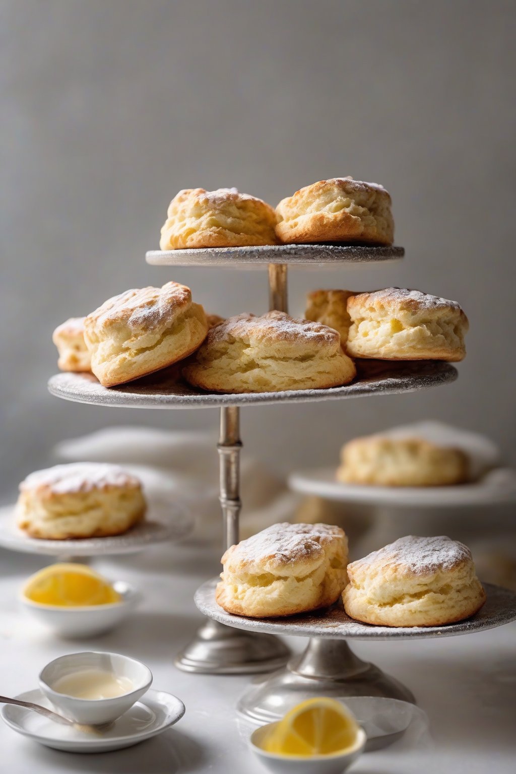 A high-resolution photo of golden lemon yogurt light scones on a white tiered stand, dusted with powdered sugar, under soft lighting.
