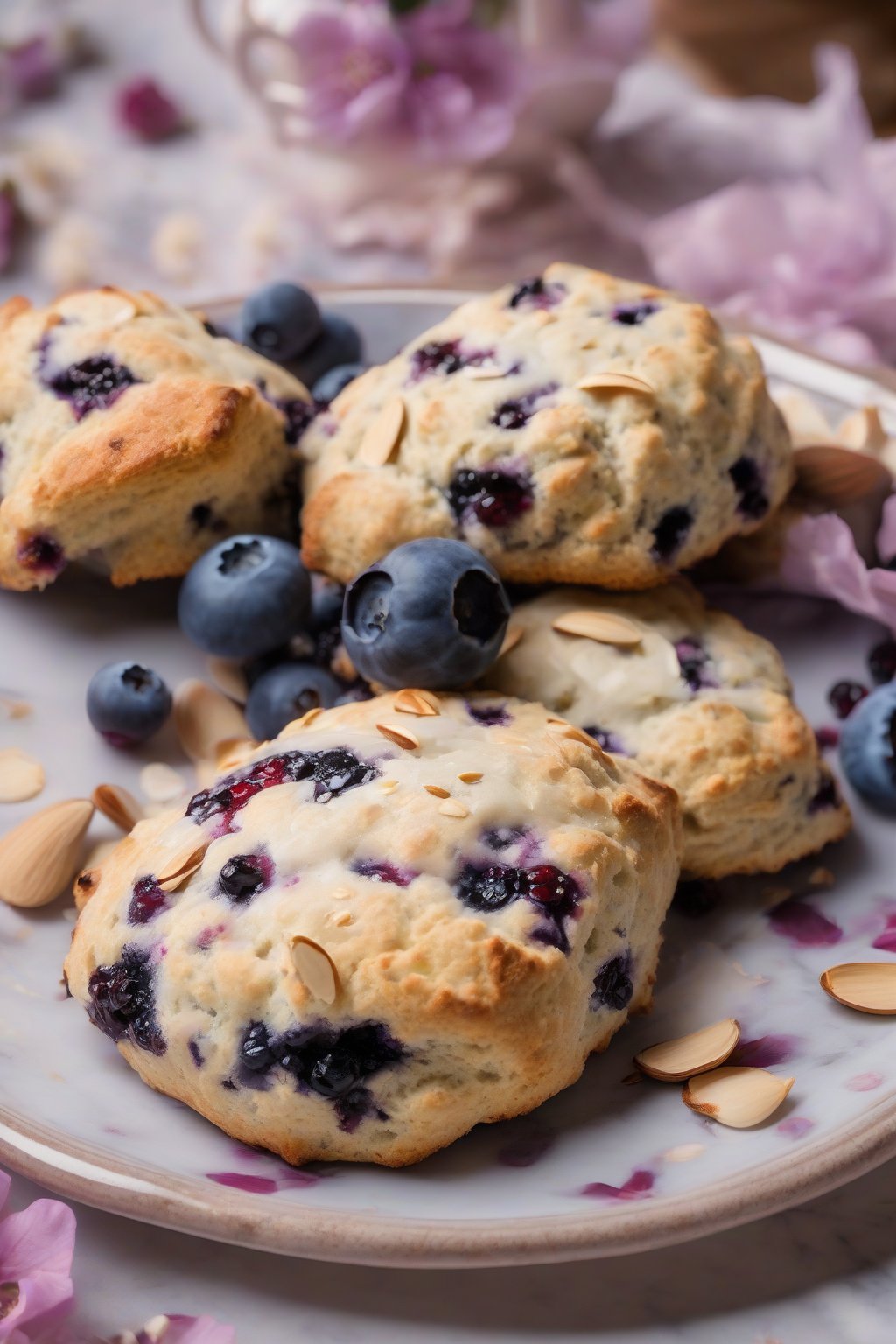 A high-resolution photo of blueberry almond light scones with visible berries and almond flecks, arranged on a floral plate, under soft lighting.