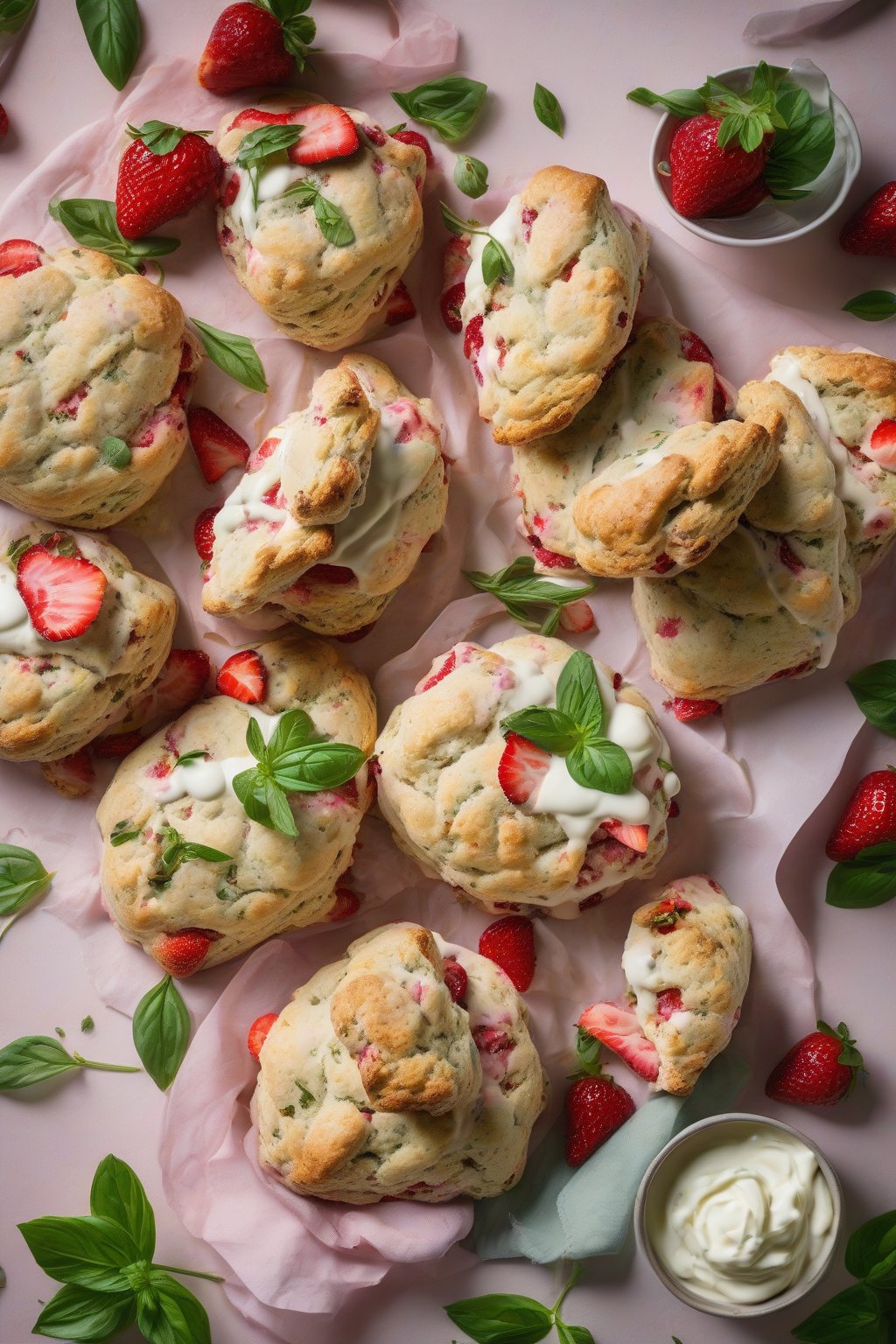 A high-resolution photo of strawberry basil light scones with pink flecks and green herbs, served with clotted cream, under soft lighting.
