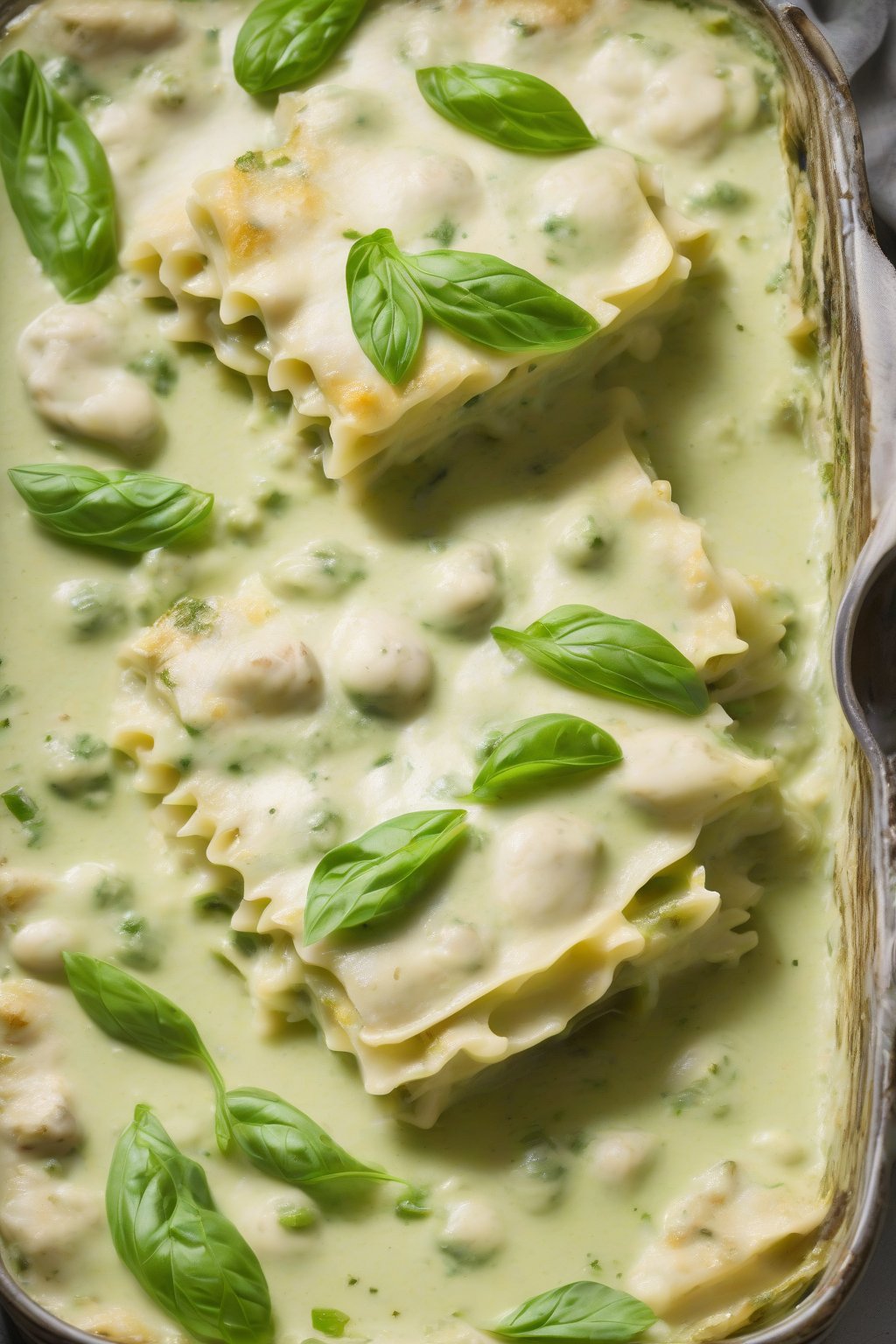A high-resolution photo of Thai Green Curry Chicken Lasagna steaming with green flecks of basil and creamy sauce under soft lighting.