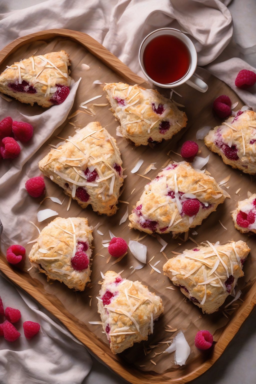 A high-resolution photo of raspberry coconut light scones topped with coconut flakes, on a bamboo tray with tea, under soft lighting.