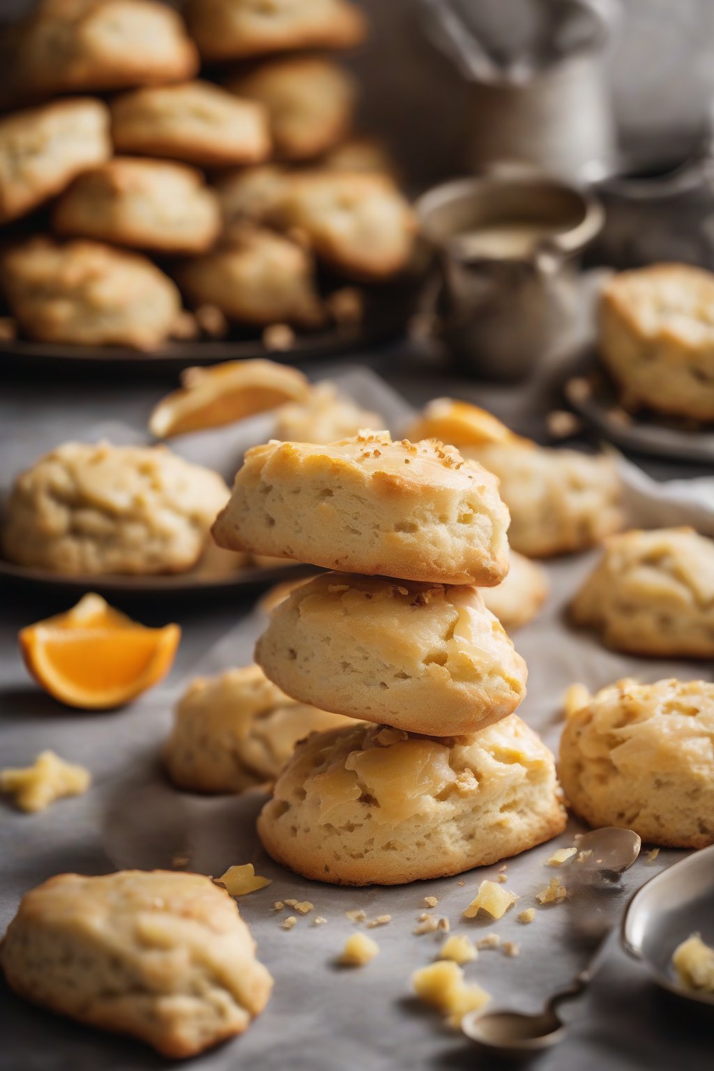 A high-resolution photo of orange ginger light scones with candied ginger bits, stacked elegantly, under soft lighting.
