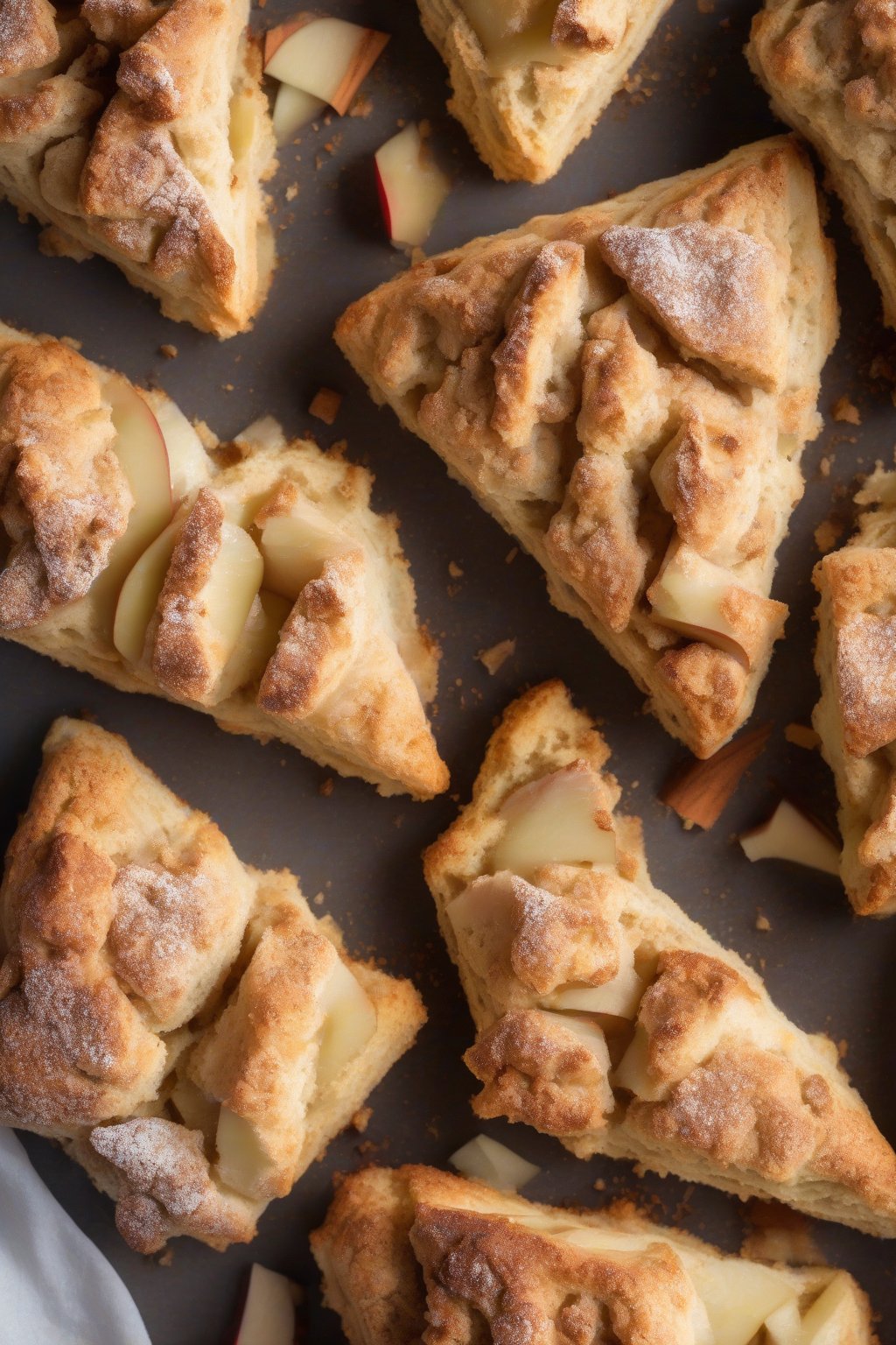 A high-resolution photo of cinnamon apple light scones with apple chunks visible, dusted with cinnamon sugar, under soft lighting.