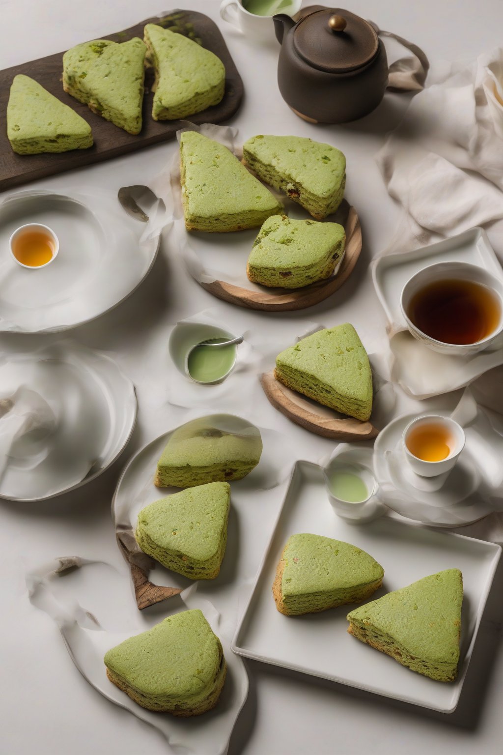 A high-resolution photo of vibrant green matcha light scones on a minimalist tray with tea cups, under soft lighting.