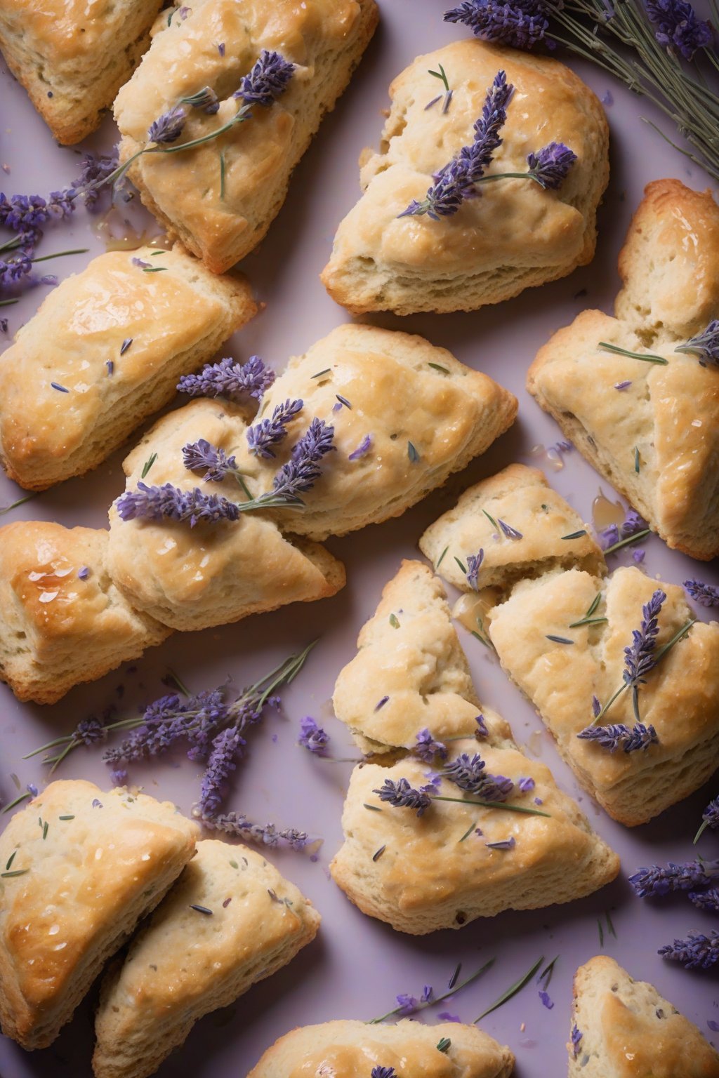 A high-resolution photo of lavender honey light scones garnished with lavender sprigs, under soft lighting.