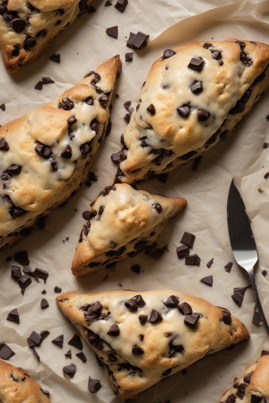 A high-resolution photo of dark chocolate chip light scones with melted chips, on parchment paper, under soft lighting.