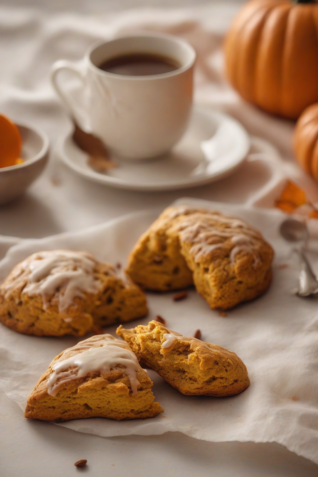 A high-resolution photo of pumpkin spice light scones with warm orange hue, beside a pumpkin, under soft lighting.
