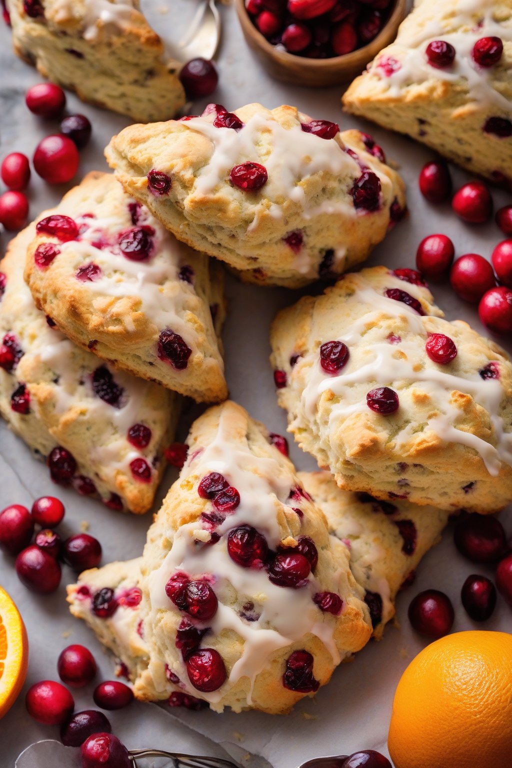 A high-resolution photo of cranberry orange light scones with red berries peeking out, under soft lighting.