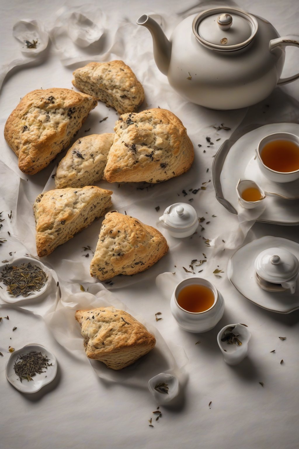 A high-resolution photo of Earl Grey light scones with tea leaf flecks, paired with teapot, under soft lighting.