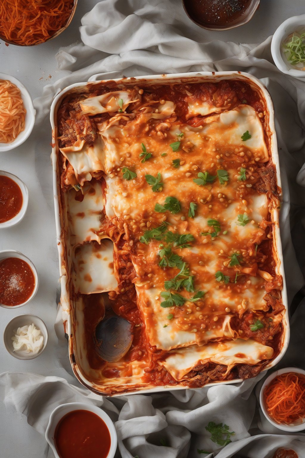 A high-resolution photo of Korean Gochujang Chicken Lasagna with red sauce bubbling and kimchi bits under soft lighting.