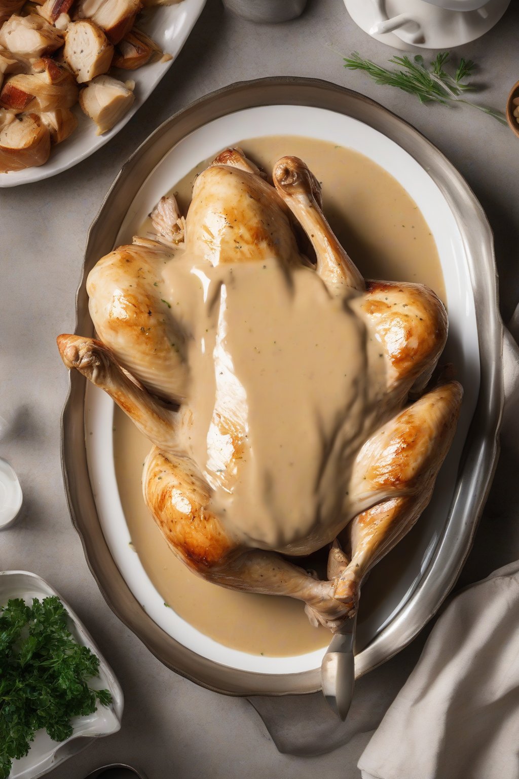 A high-resolution photo of classic creamy chicken gravy poured over sliced roast chicken under soft lighting.