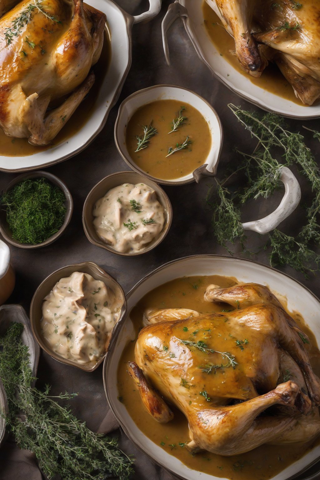 A high-resolution photo of herbed chicken gravy with thyme garnished over roast chicken under soft lighting.