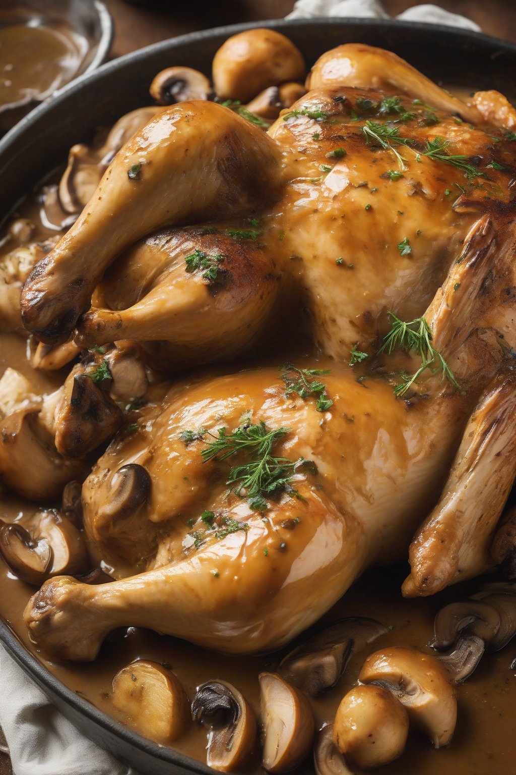 A high-resolution photo of mushroom-infused chicken gravy ladled onto roast chicken under soft lighting.