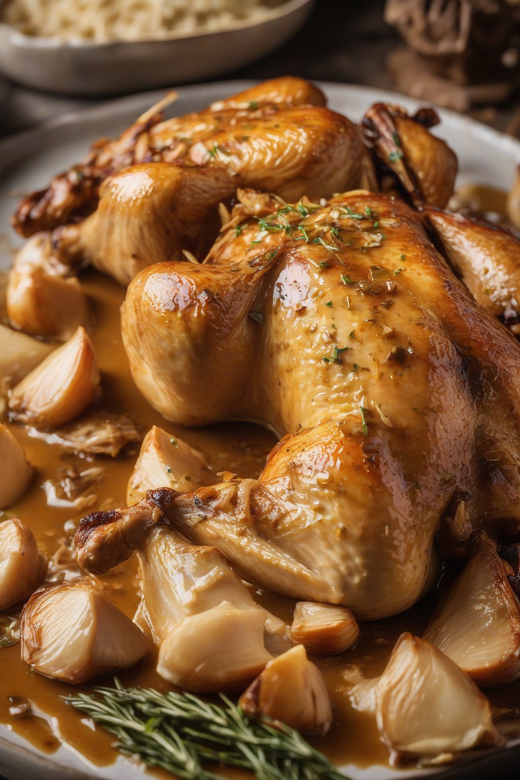 A high-resolution photo of roasted garlic chicken gravy drizzled over golden roast chicken under soft lighting.