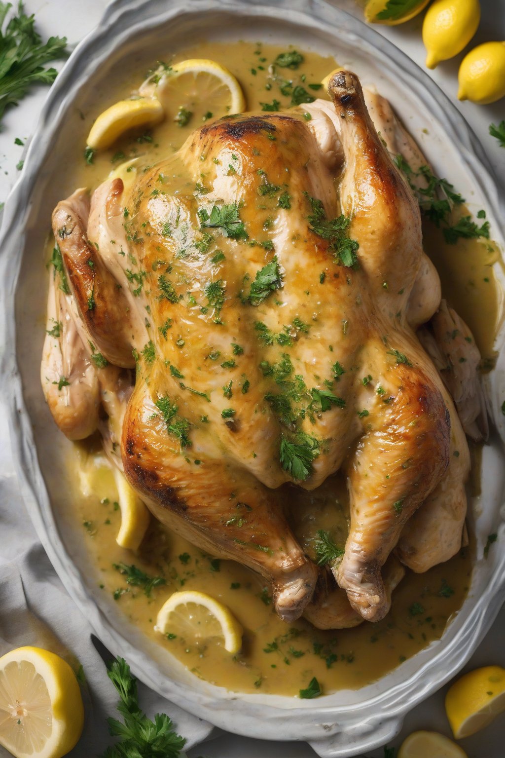 A high-resolution photo of lemon-herb chicken gravy with parsley flecks on roast chicken under soft lighting.