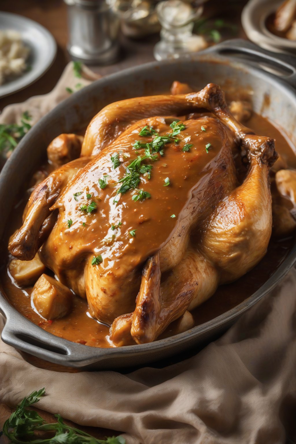 A high-resolution photo of spicy Cajun chicken gravy spooned over roast chicken under soft lighting.
