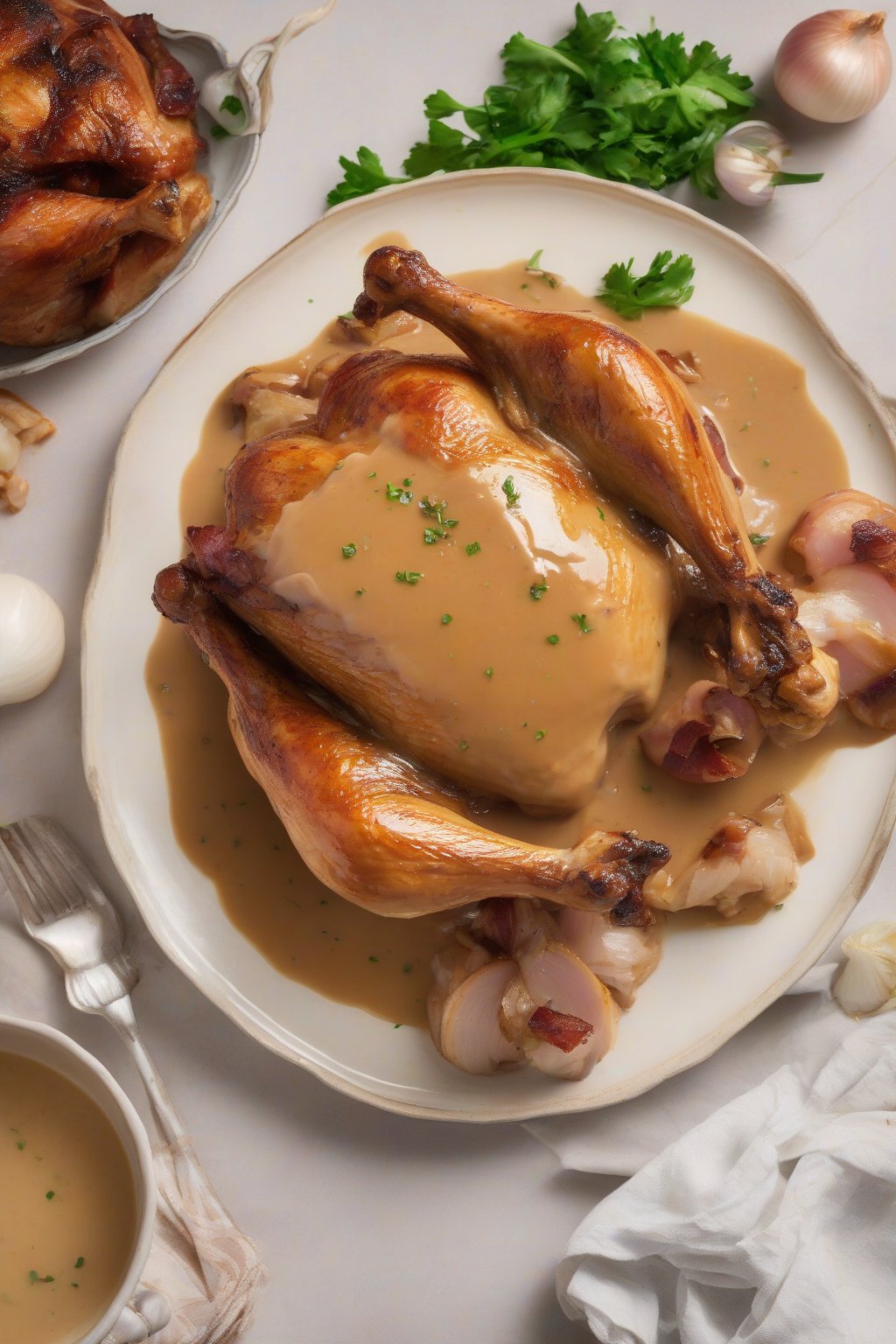 A high-resolution photo of bacon and onion chicken gravy poured generously over roast chicken under soft lighting.