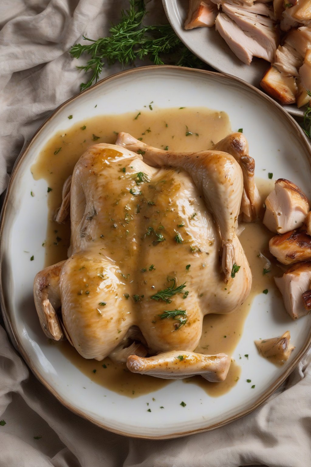 A high-resolution photo of white wine chicken gravy glistening on sliced roast chicken under soft lighting.