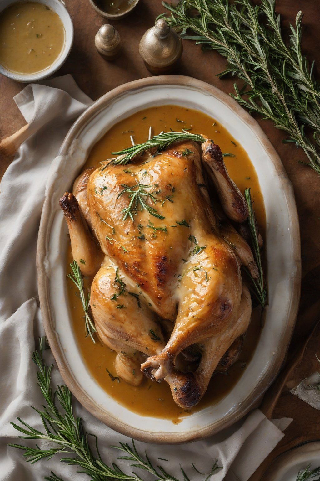 A high-resolution photo of rosemary and shallot chicken gravy with herb sprigs atop roast chicken under soft lighting.