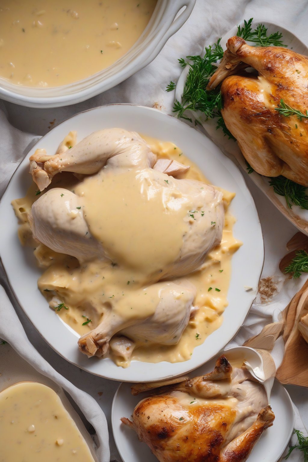 A high-resolution photo of creamy Parmesan chicken gravy with cheese shavings over roast chicken under soft lighting.
