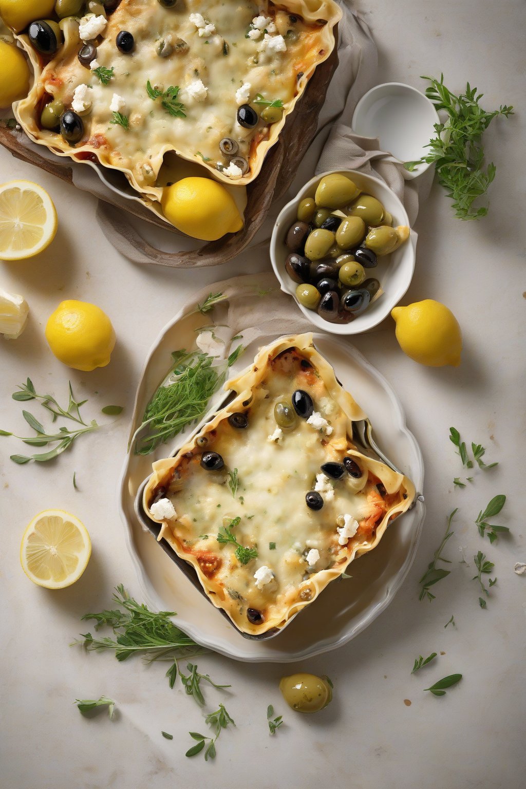A high-resolution photo of Mediterranean Lemon-Herb Chicken Lasagna topped with feta crumbles and olives under soft lighting.