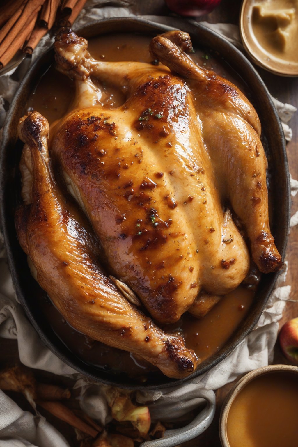 A high-resolution photo of apple cider chicken gravy with cinnamon dusting on roast chicken under soft lighting.