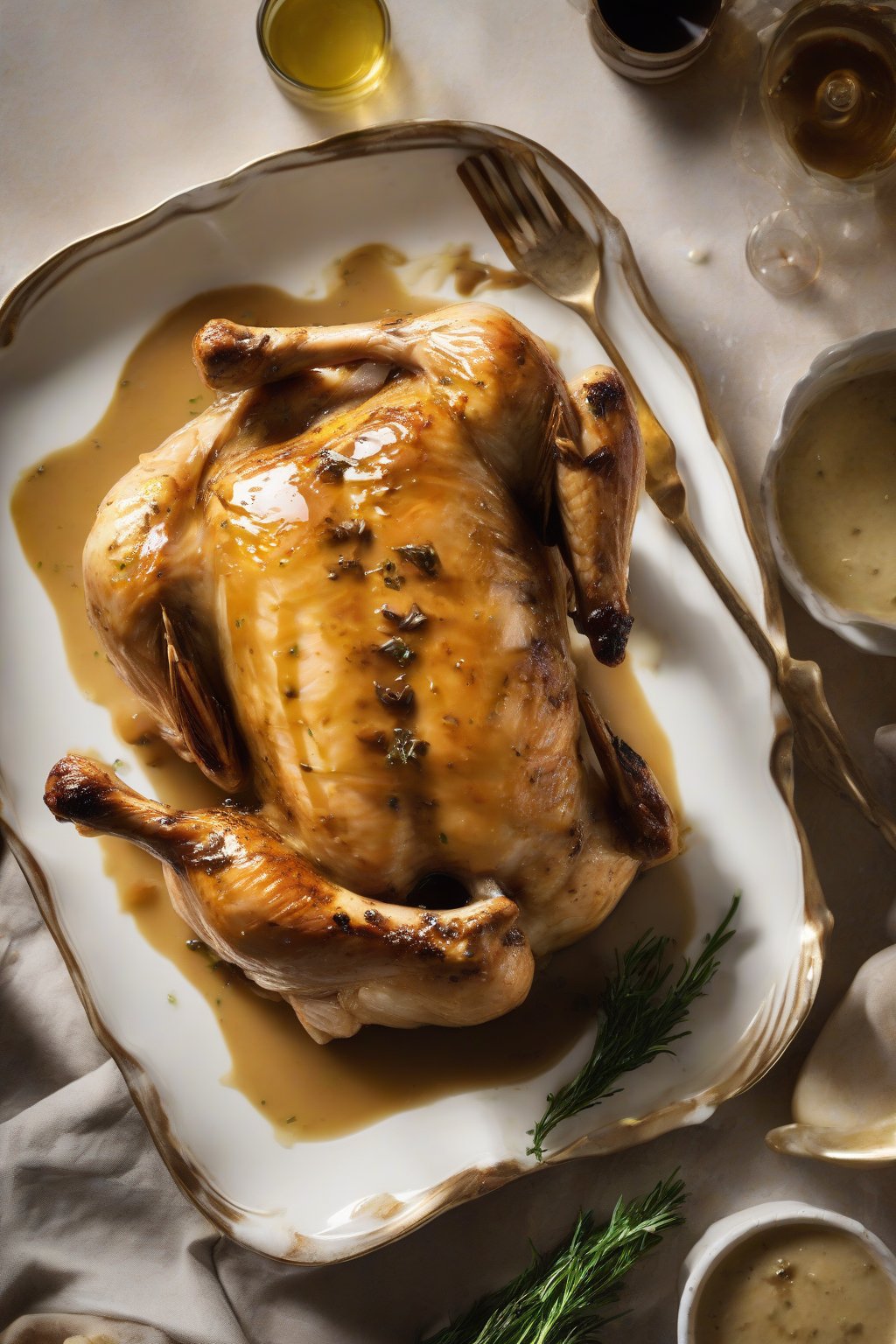 A high-resolution photo of truffle oil chicken gravy drizzled elegantly over roast chicken under soft lighting.