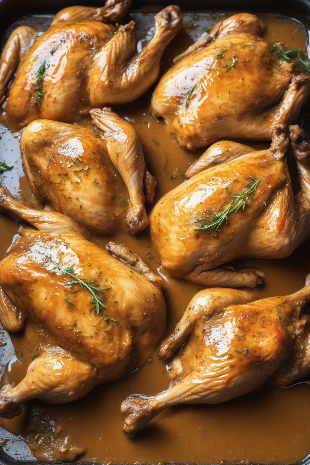 A high-resolution photo of simple pan drippings chicken gravy coating juicy roast chicken under soft lighting.