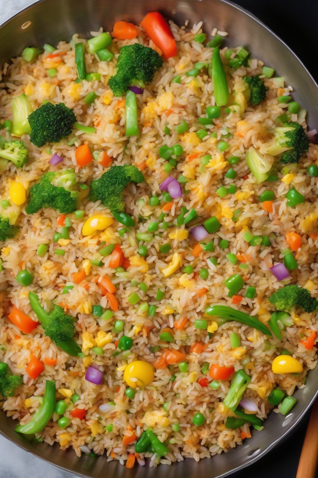A high-resolution photo of steaming classic vegetable fried rice with vibrant colorful veggies and scrambled eggs in a wok under soft lighting.