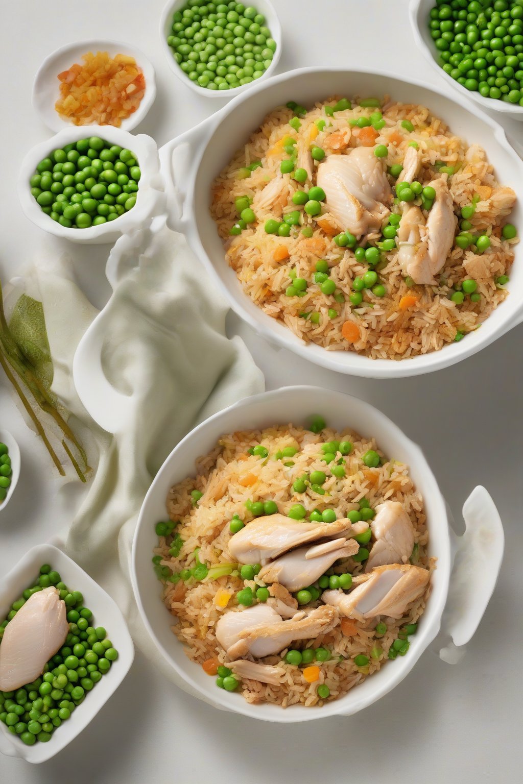 A high-resolution photo of golden chicken fried rice with tender chicken pieces and peas scattered throughout, served in a white bowl under soft lighting.