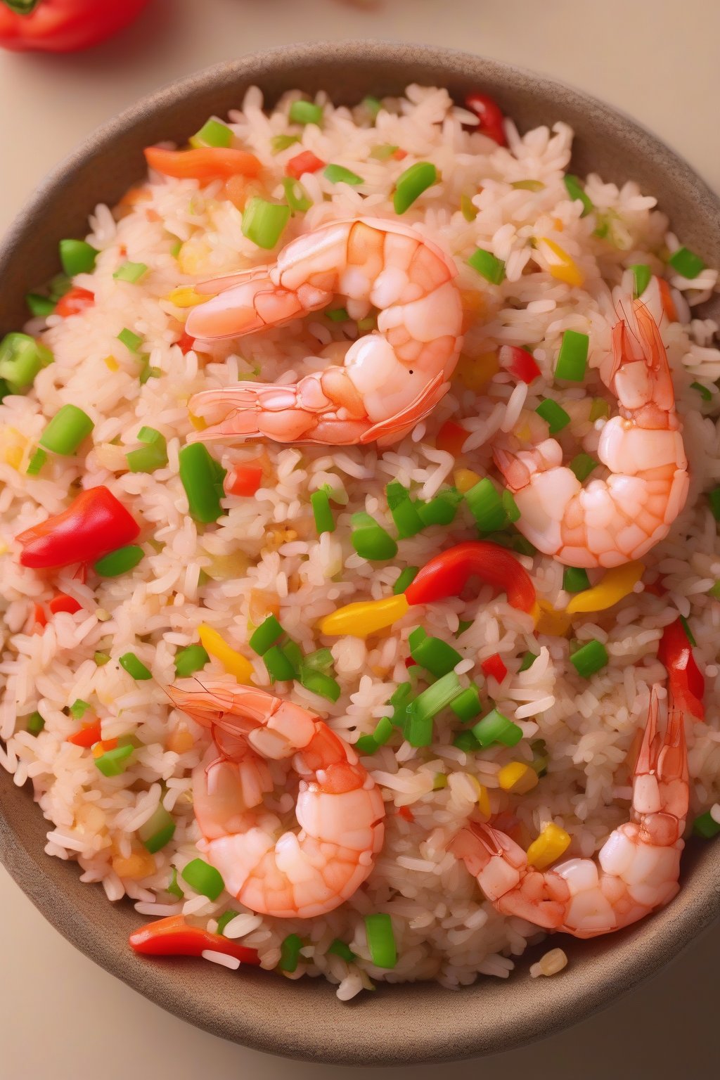 A high-resolution photo of pink shrimp fried rice with diced bell peppers and fluffy rice grains under soft lighting.