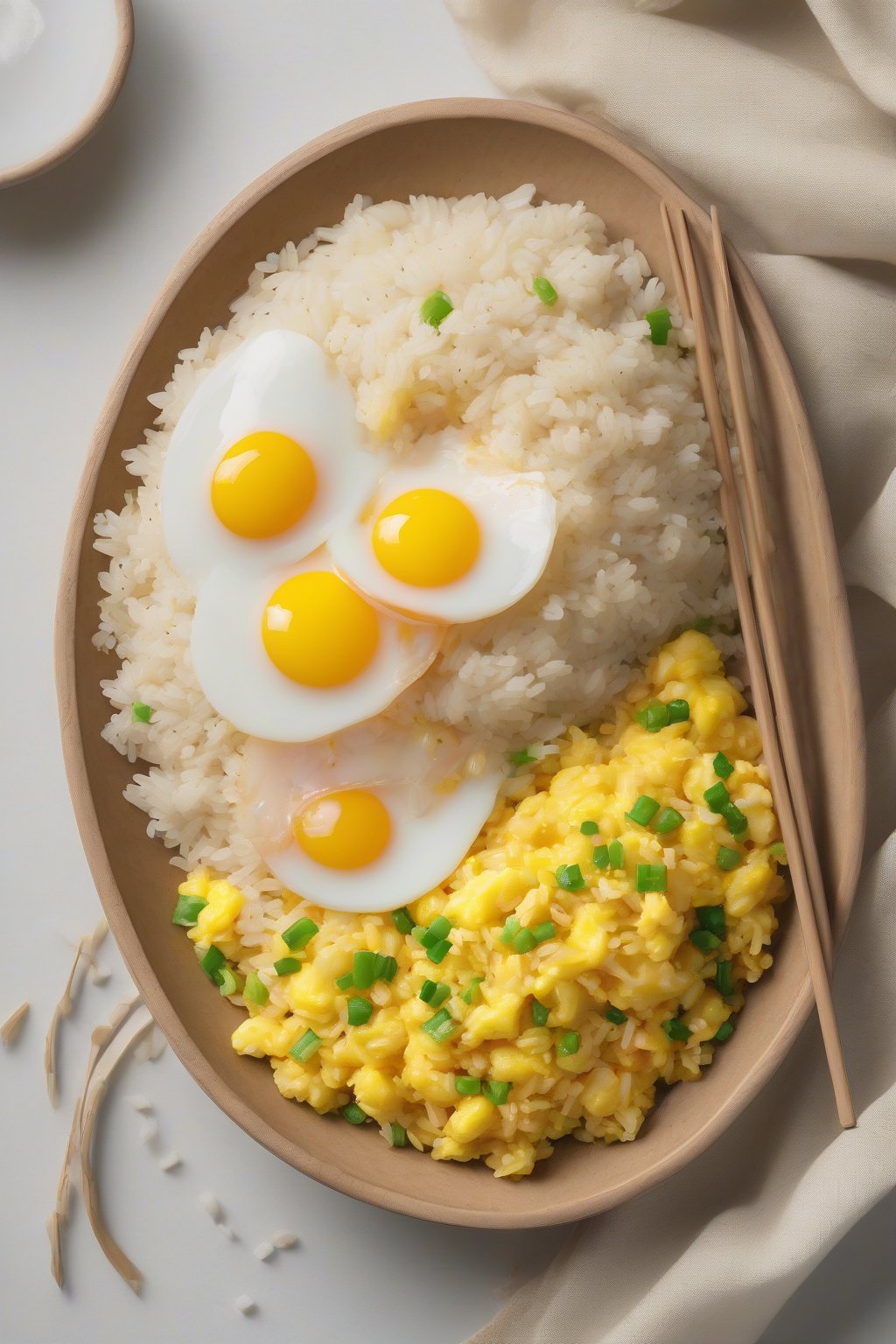 A high-resolution photo of fluffy egg fried rice with golden scrambled eggs folded into white rice under soft lighting.