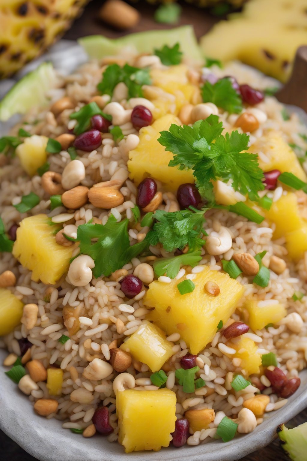 A high-resolution photo of vibrant pineapple fried rice with golden chunks of fruit and cashews under soft lighting.