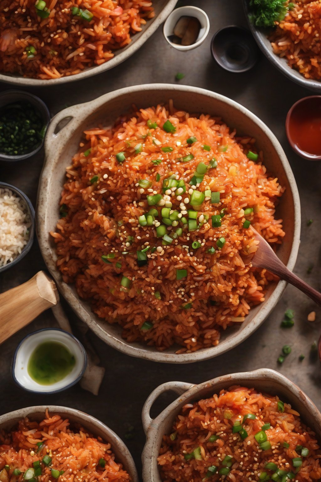 A high-resolution photo of fiery red kimchi fried rice topped with sesame seeds under soft lighting.