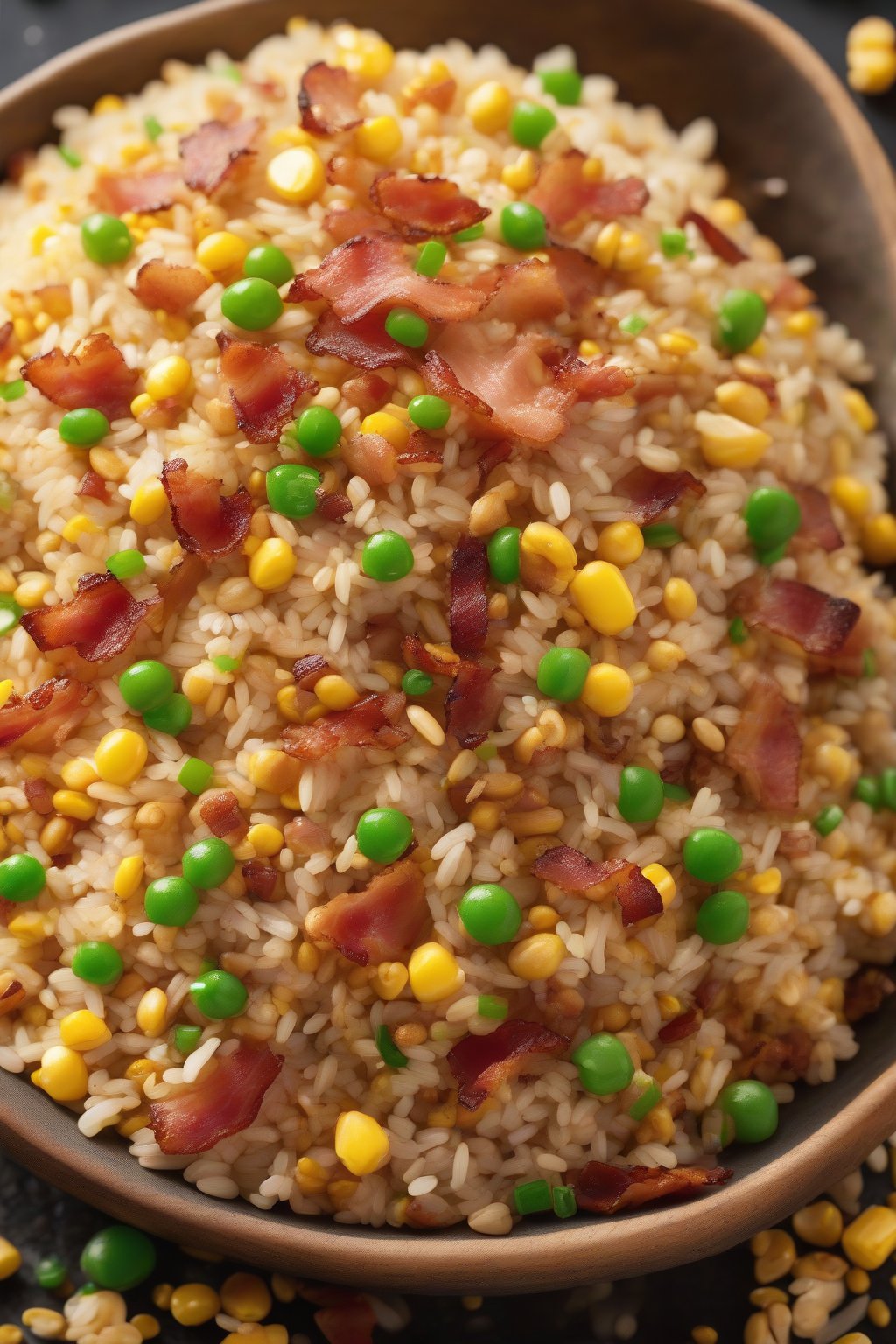 A high-resolution photo of crispy bacon fried rice with golden corn kernels under soft lighting.