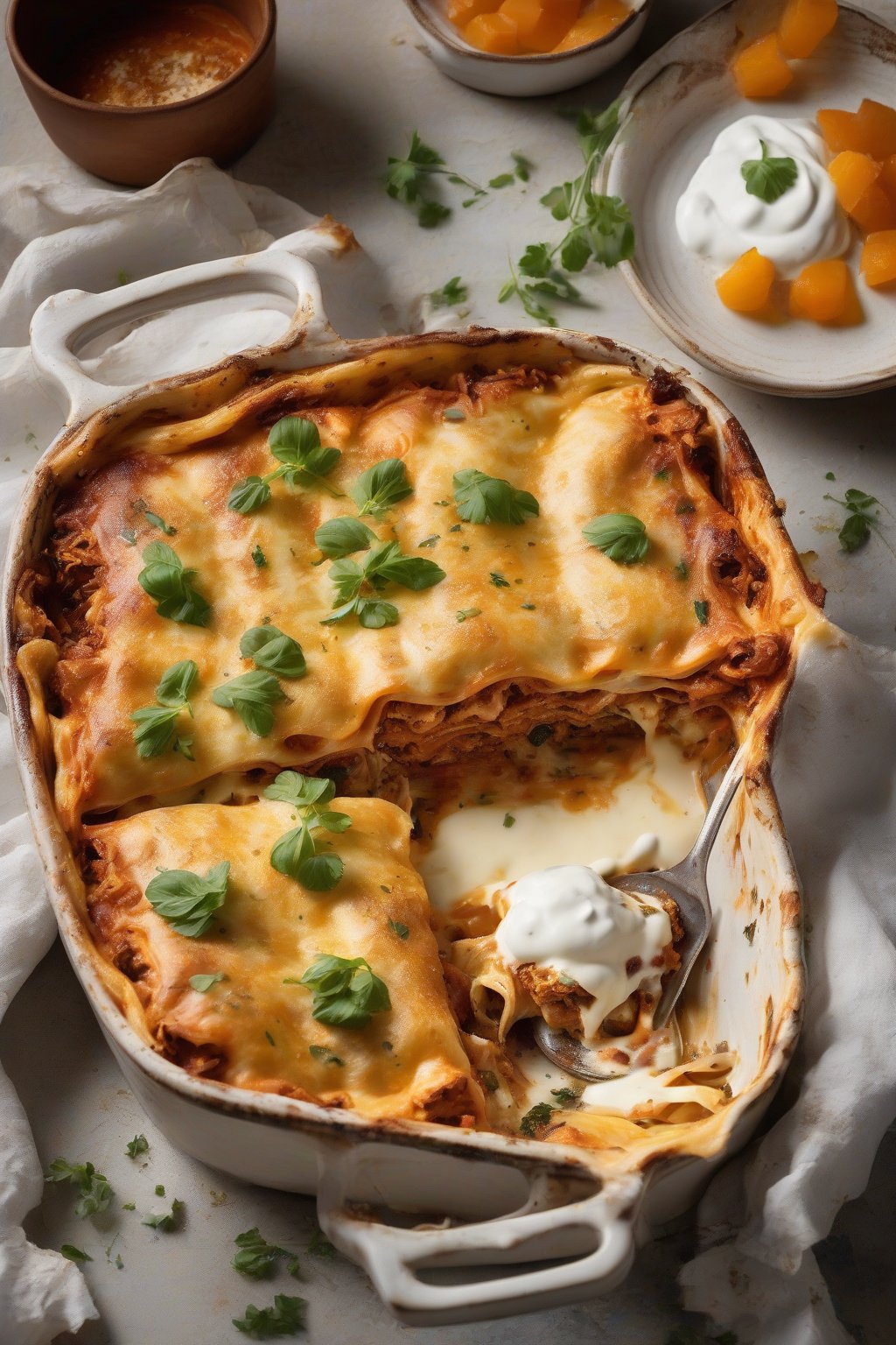 A high-resolution photo of Moroccan Harissa Chicken Lasagna with yogurt swirl and apricot flecks under soft lighting.