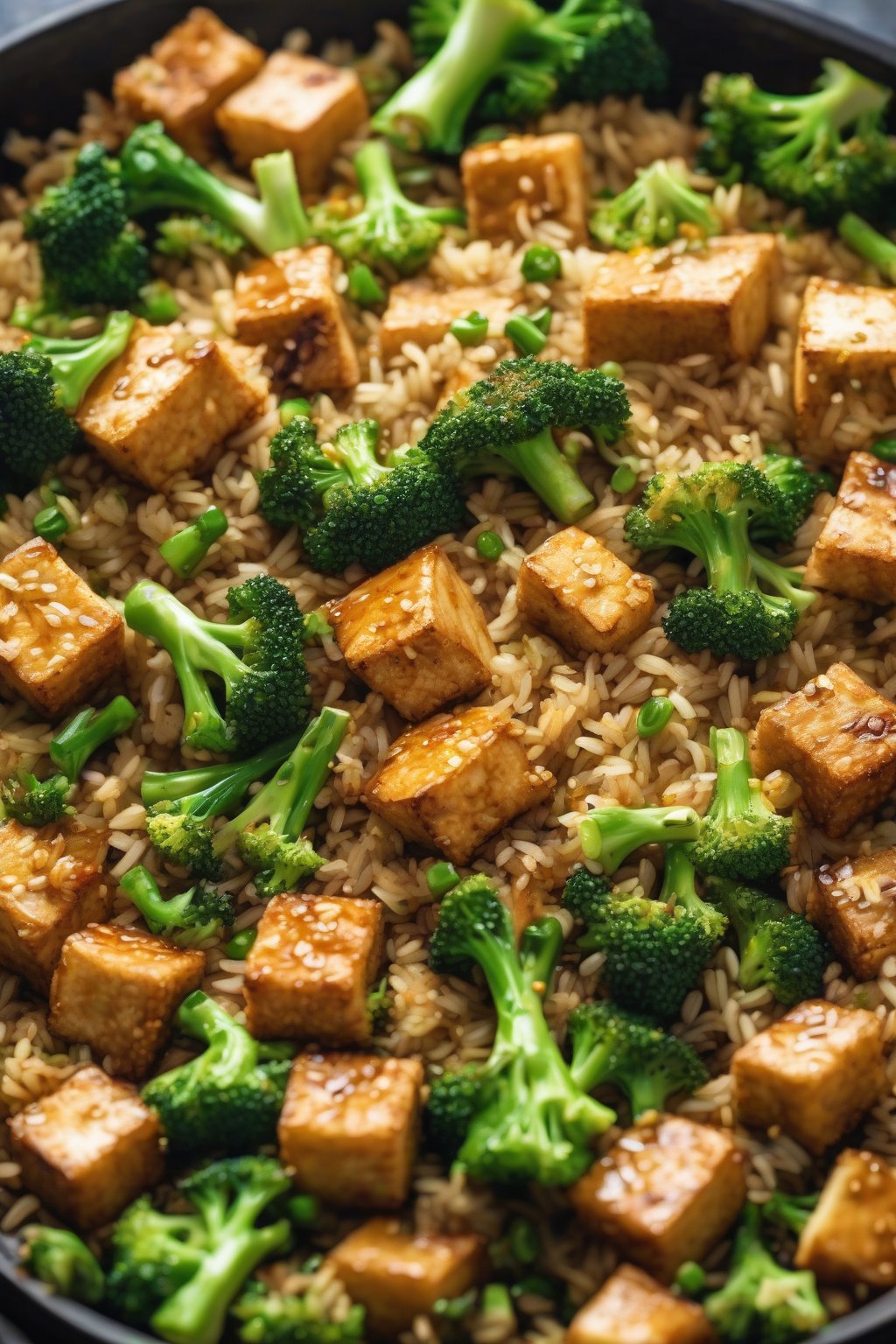 A high-resolution photo of crispy tofu fried rice with green broccoli florets under soft lighting.