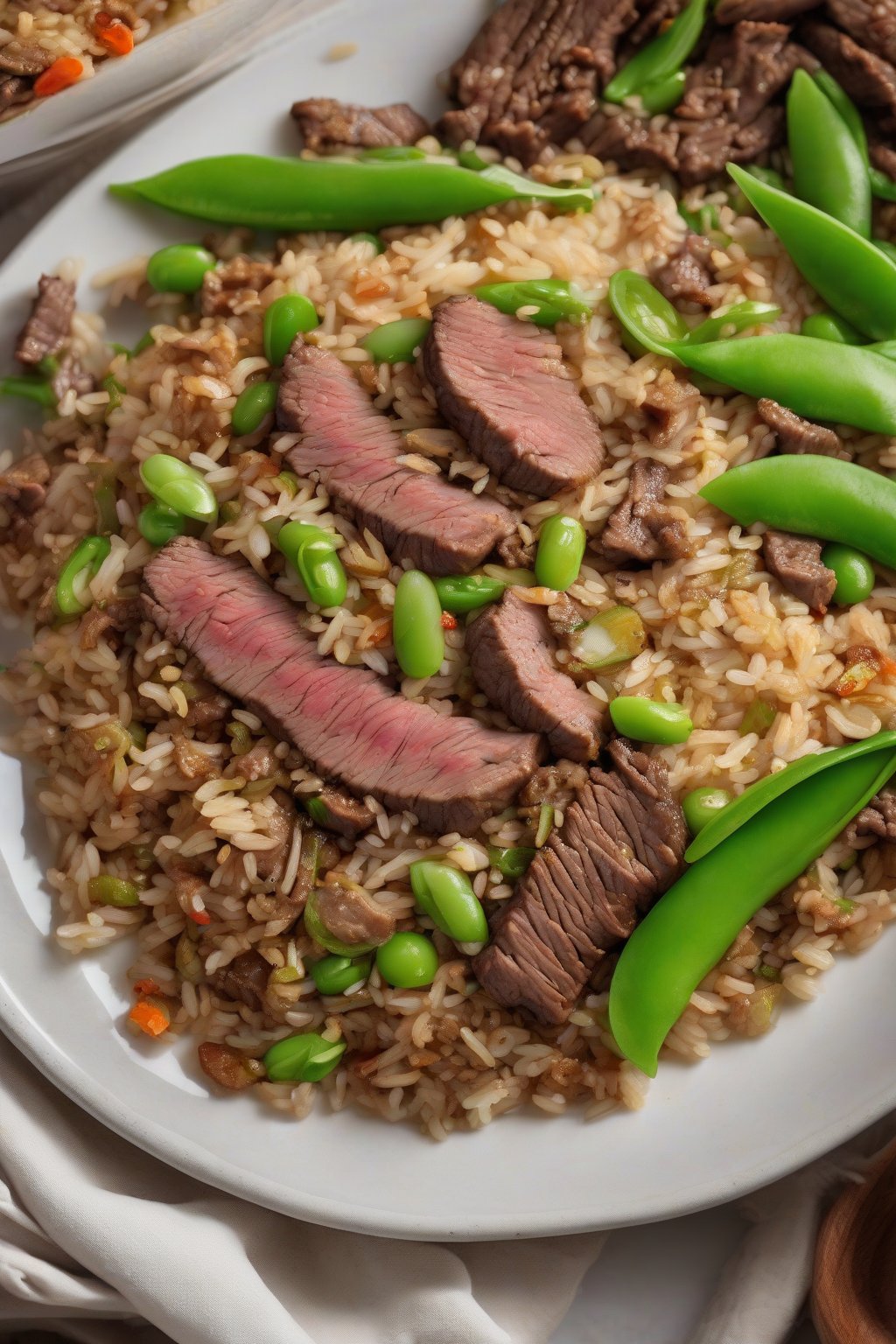 A high-resolution photo of beef fried rice with thin steak slices and snap peas under soft lighting.