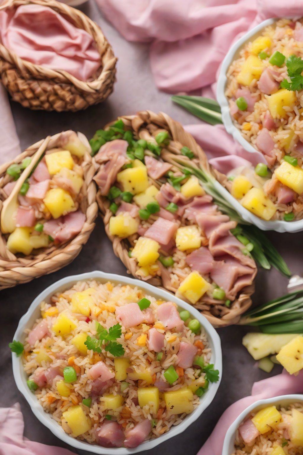 A high-resolution photo of ham and pineapple fried rice with pink ham cubes under soft lighting.