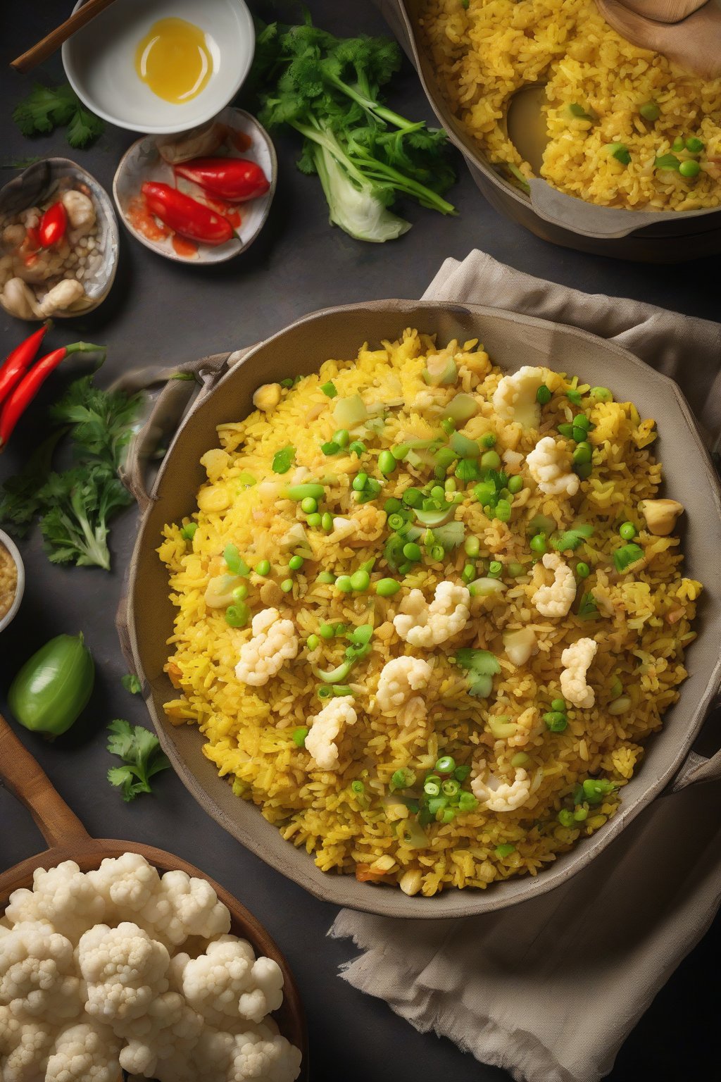 A high-resolution photo of yellow curry fried rice steaming with cauliflower under soft lighting.